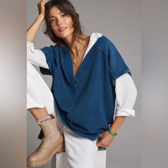 Anthropologie Pilcro V-Neck Tunic Pullover in Navy L NWT - Picture 1 of 16